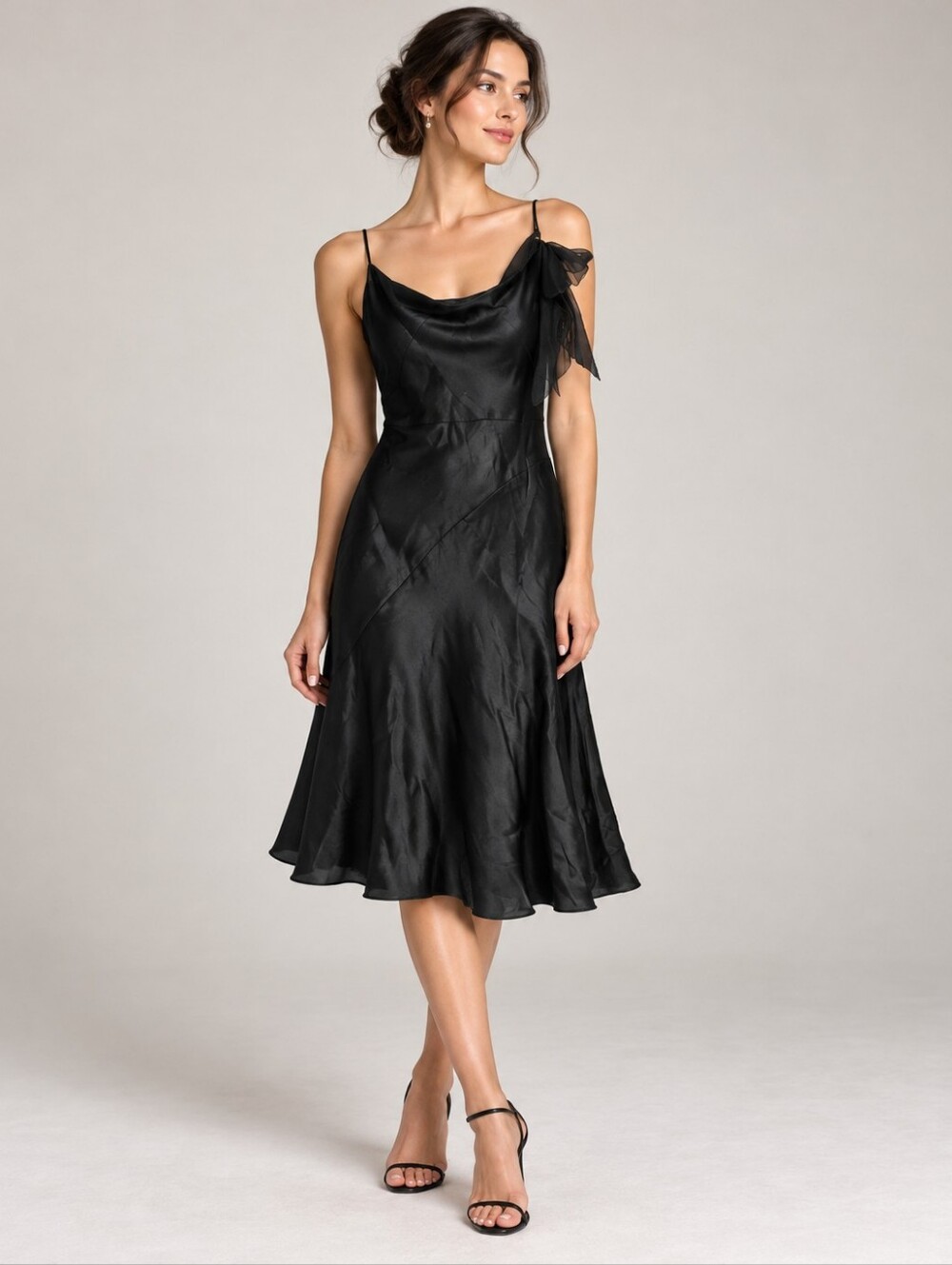 BCBGMaxAzria 100% Silk Cowl Neck Midi Dress Size 4 Black Bow Detail EUC